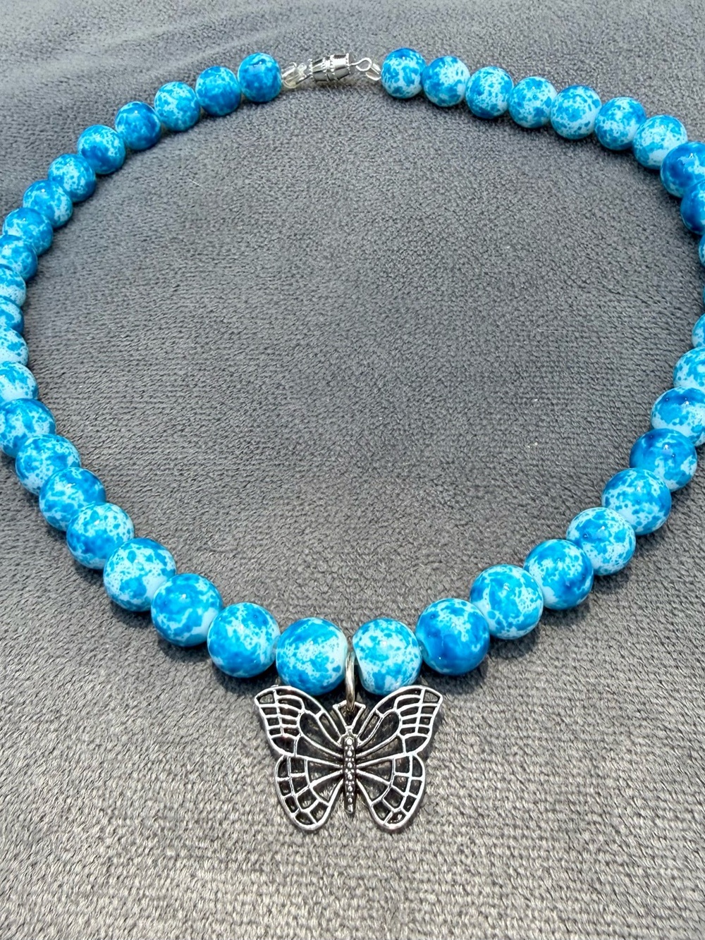Handmade Blue Beaded Necklace with Butterfly Pendant - Women Jewelry